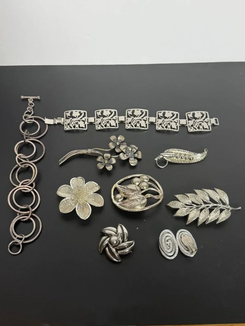 Vintage Botanical Silver Tone Mixed Lot Brooch, Earrings, Bracelet 10pc
